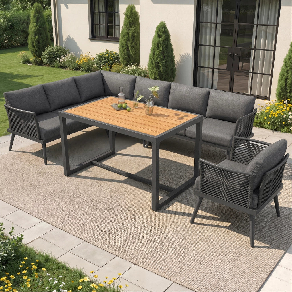 OKWISH Set da 5 Salotto da Giardino con 2 Divani, 2 Poltrone, Tavolino e Cuscini, per 7 Persone, Ferro Grigio