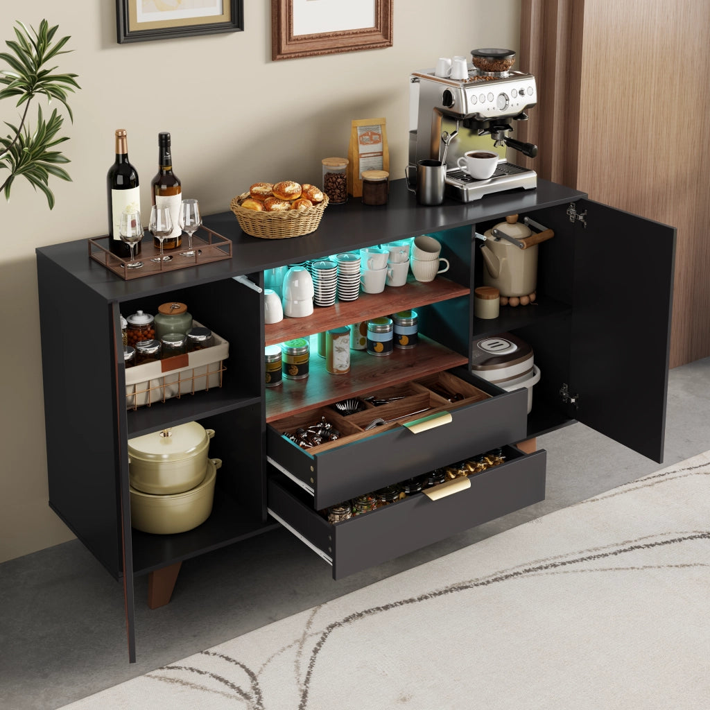 Credenza multifunzione con LED RGB, 2 cassetti, ripiani regolabili e vani aperti, 150 × 40 × 90 cm