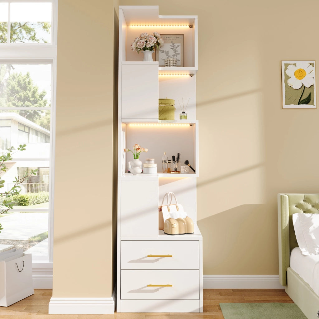 Libreria angolare con LED e 2 cassetti 4 ripiani aperti per soggiorno e camera da letto bianca 165 × 45 × 45 cm