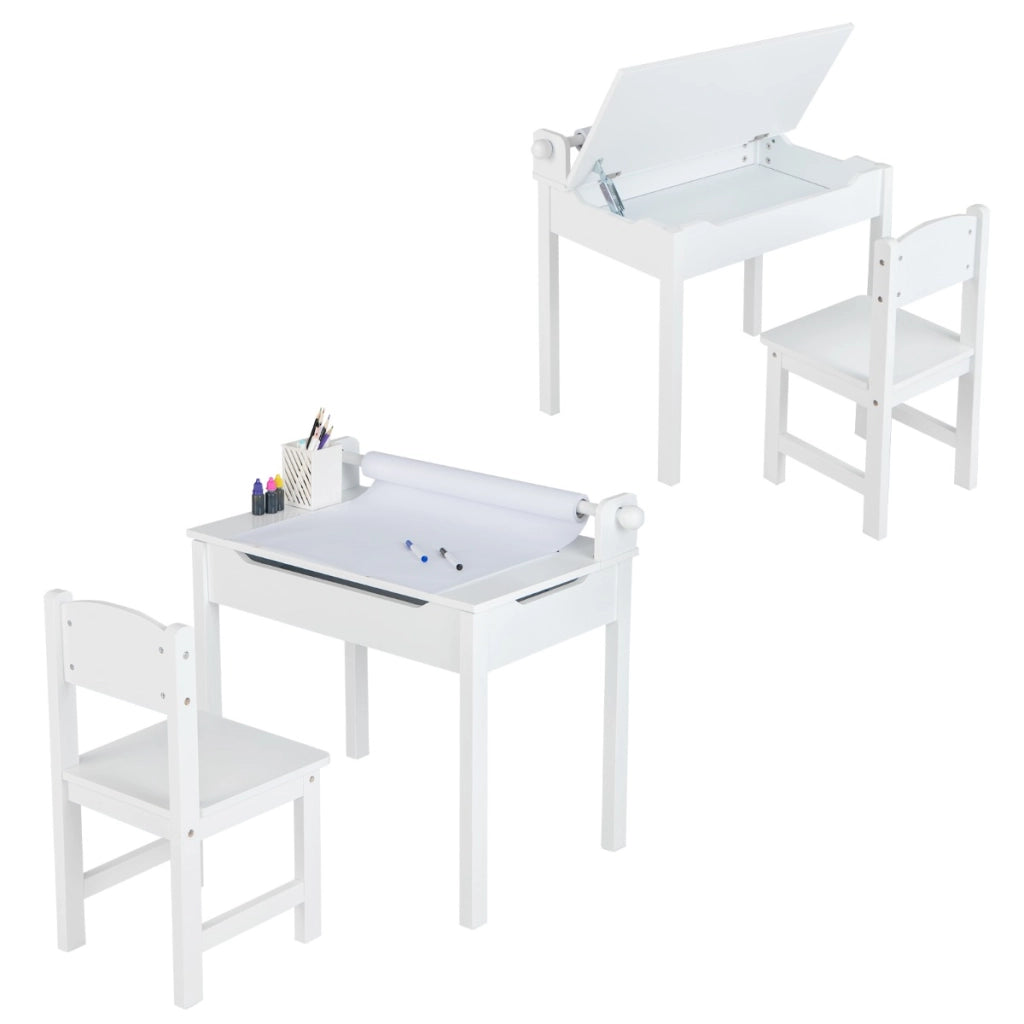 Set tavolino e sedia vano portaoggetti e portarotolo per disegnare giocare, Tavolo per bambini con sedia Bianco-Tavoli e sedie