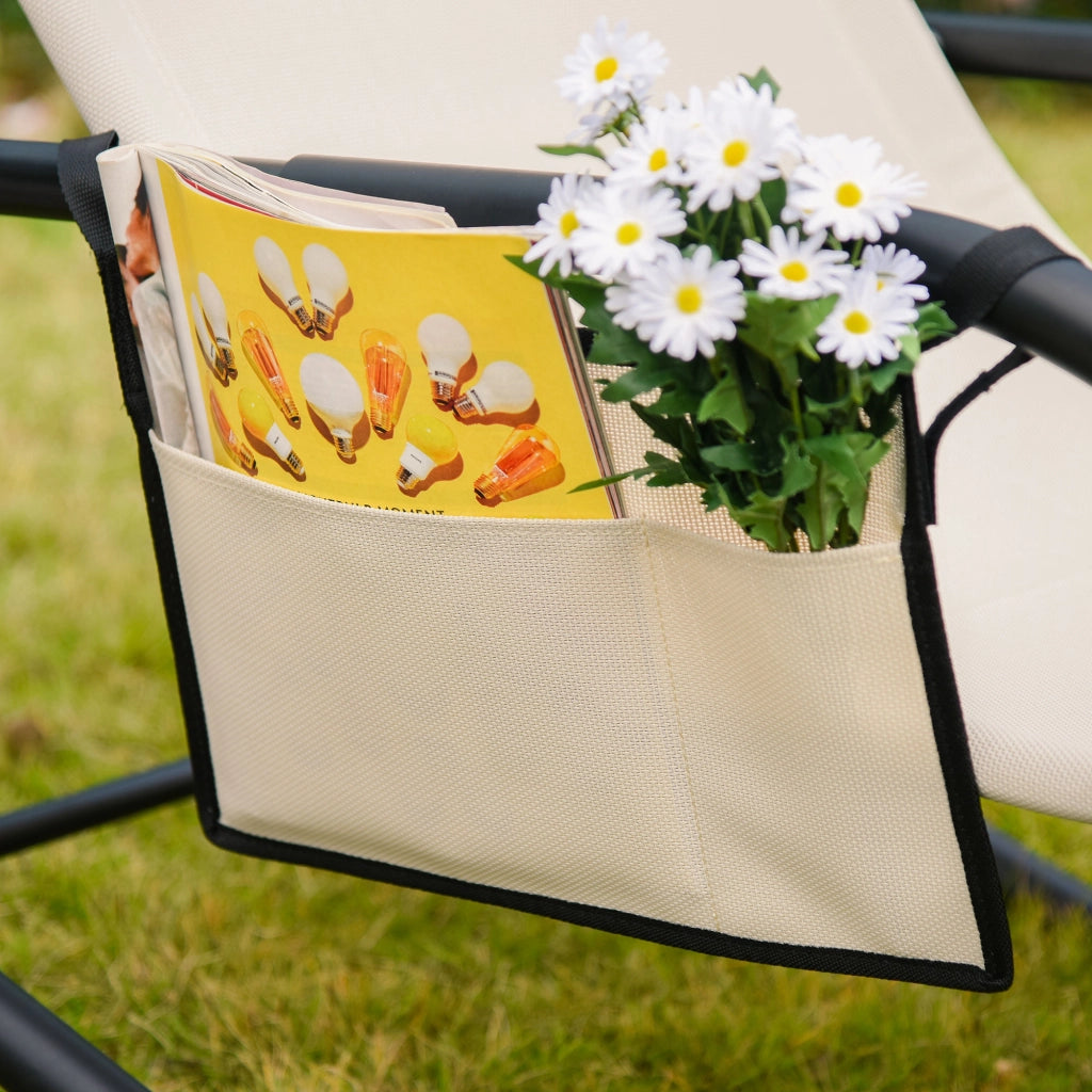 Sedia a dondolo con schienale imbottito in metallo beige, tasca laterale e cuscino, 88 × 62 × 150 cm