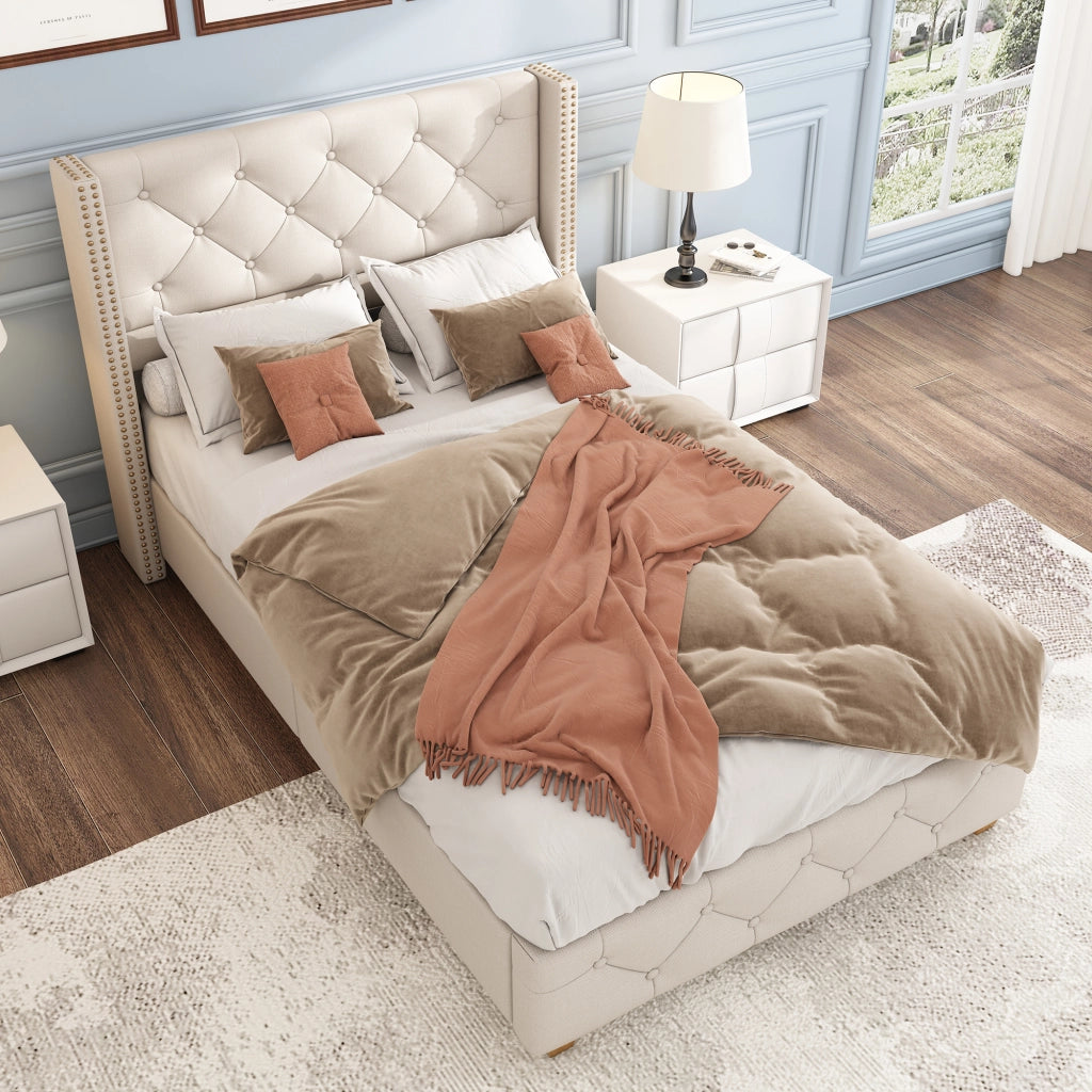 Letto imbottito 90x200 cm con rete a doghe, rivestimento in lino, testiera capitonné, beige