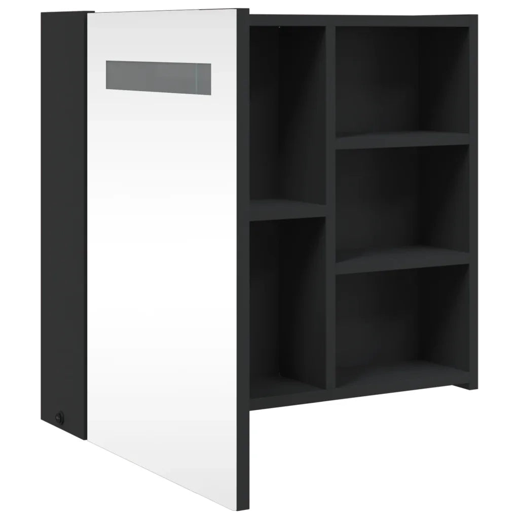 Mobiletto a specchio da bagno a parete con illuminazione a LED 60 x 13 x 52 cm ampio spazio contenitivo design elegante in legno nero 02_0047271