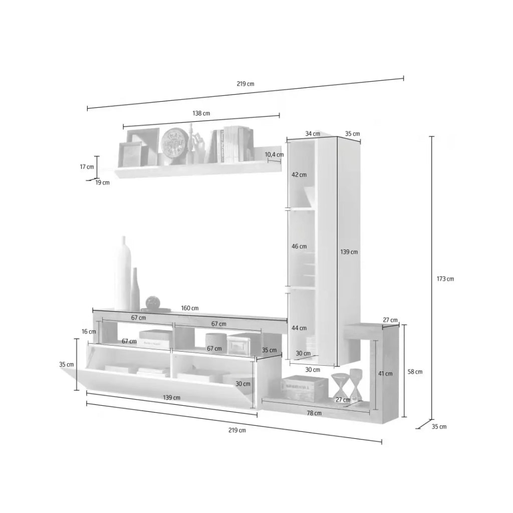 Set di mobili da soggiorno con contenitori 220 cm, collezione BURA, bianco lucido/grigio antracite