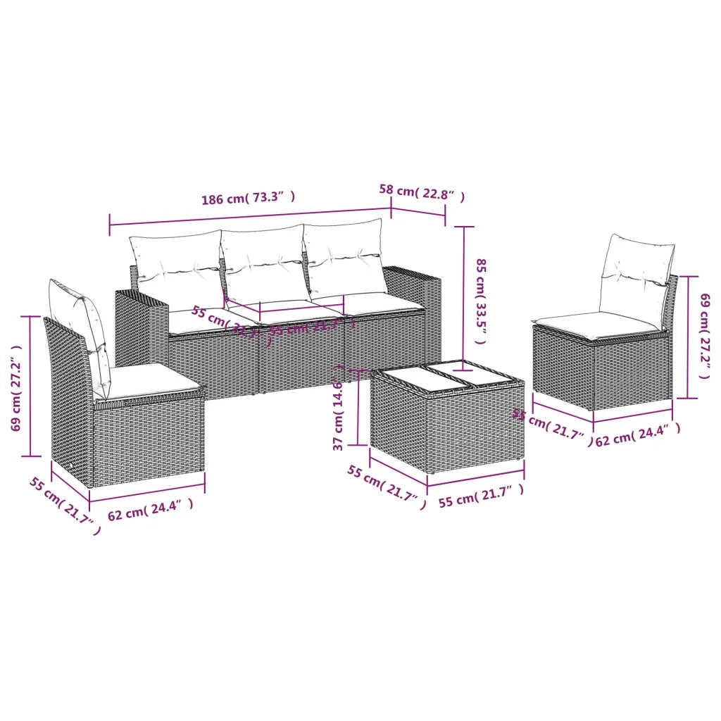 Set Divano da Giardino 6pz | Set Salotto da Giardino con Cuscini Grigio Chiaro Polyrattan