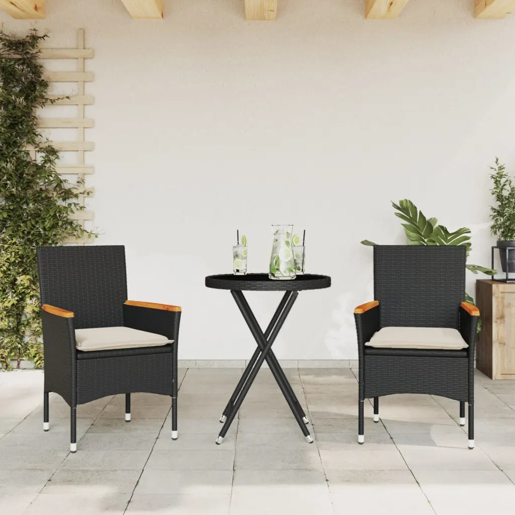 Set da Bistr¨° 3 pz | Set Salotto da Giardino con Cuscini Nero Polyrattan e Vetro