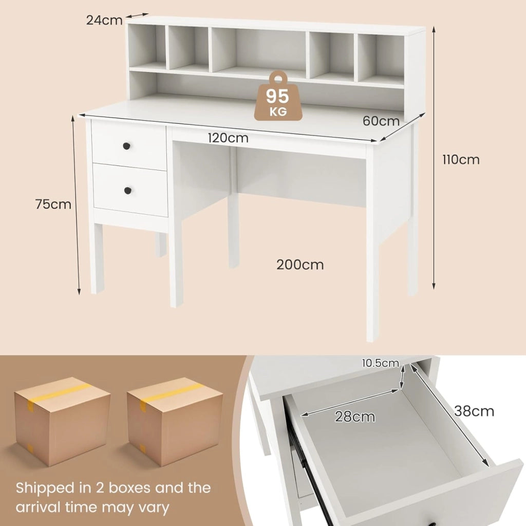 Scrivania con porte di ricarica USB, tavolo per computer da 120 cm con cassetti e cabina da 5 cubi, tavolo da studio, tavolo da lavoro per ufficio, camera da letto, bianco
