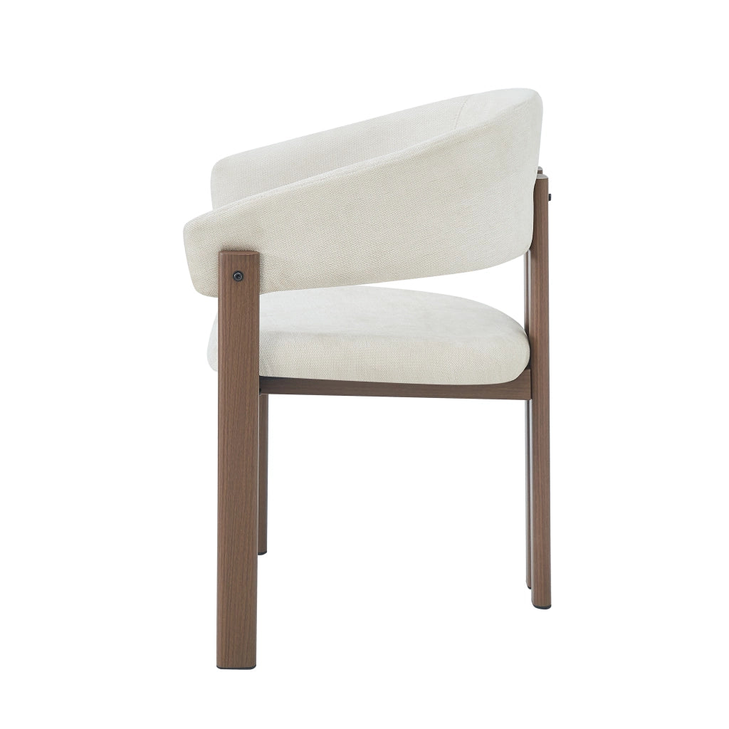 Set di 2 sedie da pranzo in metallo con braccioli, rivestimento in lino beige, effetto noce