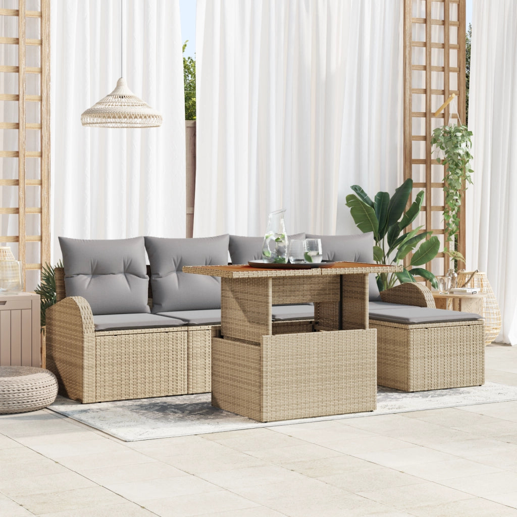 Set pranzo giardino 6 pezzi con cuscini beige polyrattan acacia