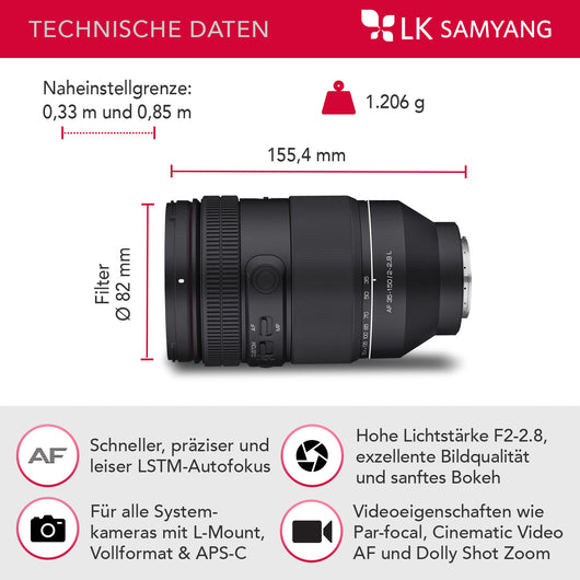 AF 35-150mm F2-2.8 per obiettivo con attacco L - obiettivo zoom a tutto tondo con parafocale, AF per video cinematografici e zoom per riprese dolly, interruttore personalizzato