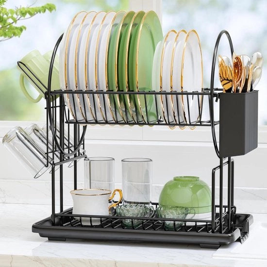 Aria 2 piani in acciaio inossidabile - asciugamano per stoviglie e piatti con contenitori per accessori da cucina - nero