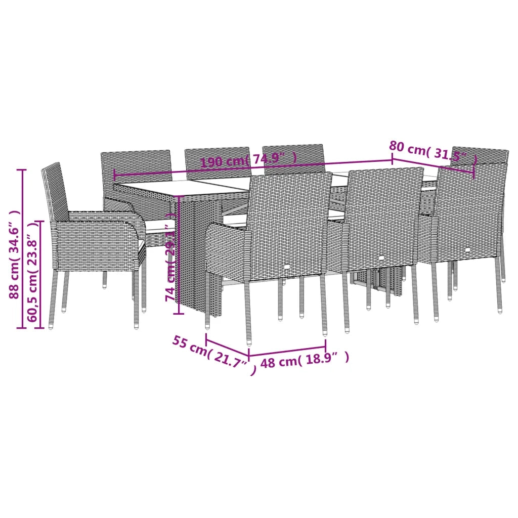 Set da Pranzo da Giardino 9 pz con Cuscini in Polyrattan Grigio 3213513