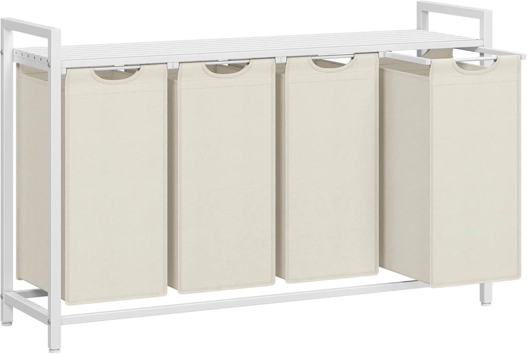 VASAGLE Cesto Portabiancheria, Porta Biancheria, 3 Sacchi in Tessuto Rimovibili, Piano d’Appoggio, Metallo, 3 x 40 L, 92,5 x 33 x 72 cm, Beige Cappuccino e Beige Naturale BLH301LH01