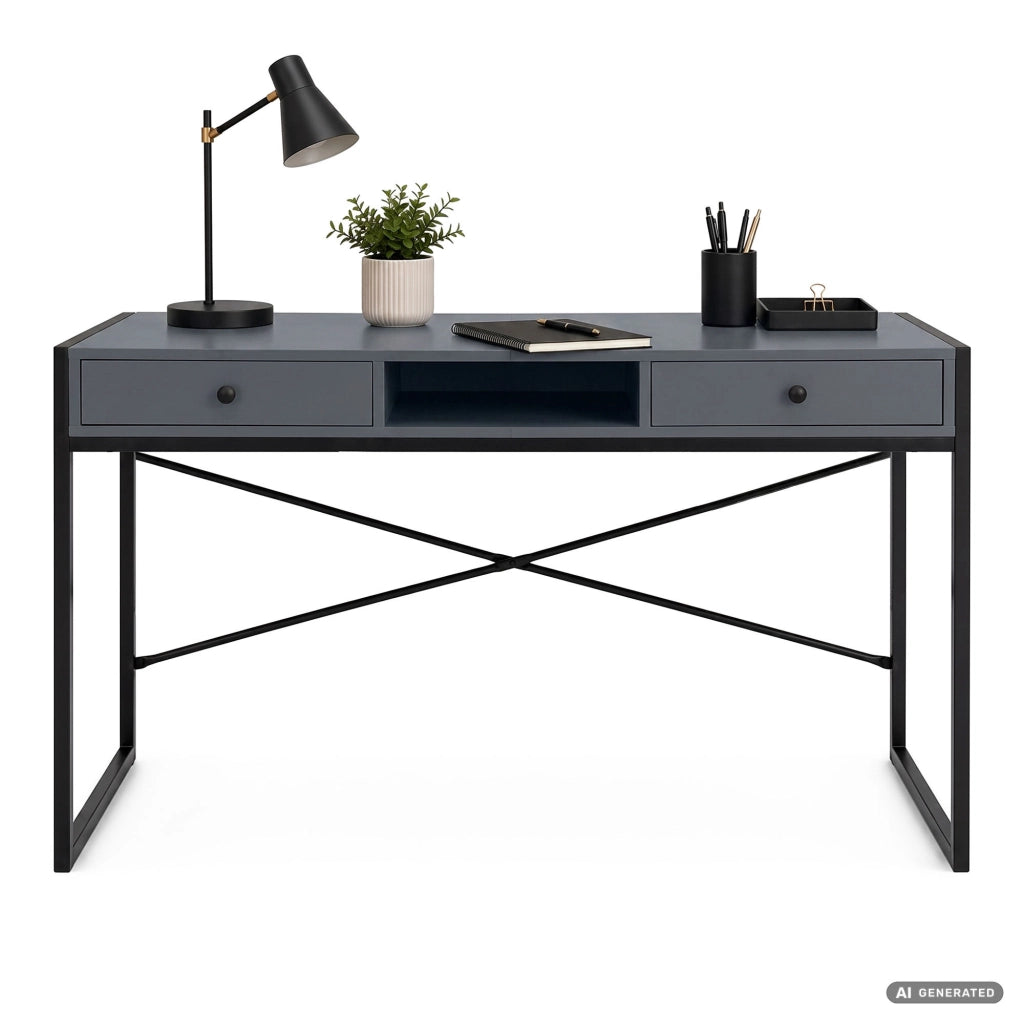 Scrivania industriale per computer Grafite ELONIS 123 cm 2 cassetti 1 ripiano gambe nere