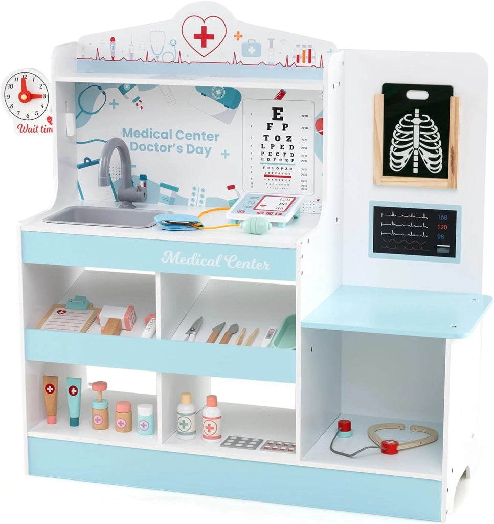 Set da Gioco Dottore in Legno, Centro Medico per Bambini con Orologio, Lavandino, Tabella Oculistica, Monitor ECG, Area Esame e 24 Accessori Giocattolo, 97 × 30,5 × 88 cm (Rosa)