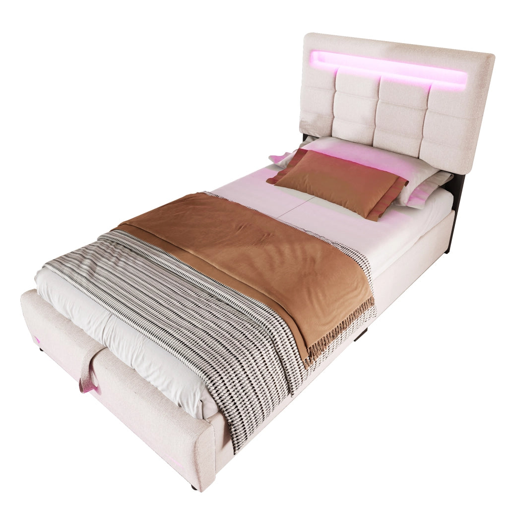 OKWISH Letto Singolo 90×200 cm con Contenitore, LED 16 Colori, USB e Controllo tramite App, senza Materasso, in Lino, Beige