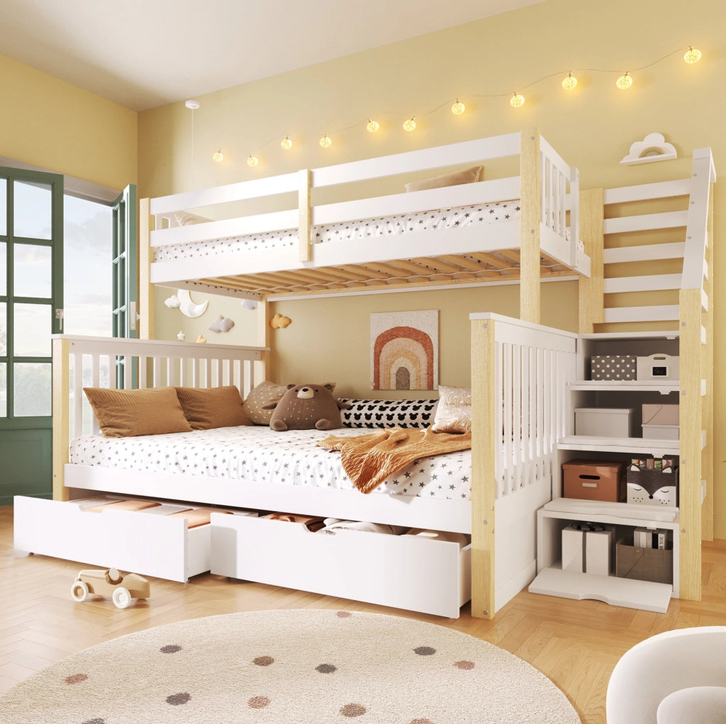 Letto a castello per bambini 90x200 e 140x200 cm in pino; bianco e naturale; con cassetti