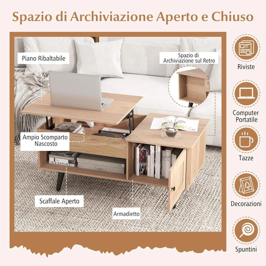 Tavolino da Caffè con Piano Sollevabile e Ripostiglio, Tavolino da Salotto con Armadietto, Comparto Nascosto e Mensola Aperta, Tavolino da Studio e Ufficio, 100 x 50 x 46 cm (Legno)