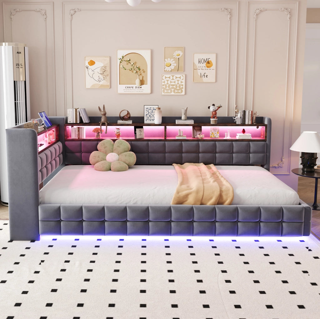 Divano letto ULEVR 90x200 cm in velluto grigio con contenitore idraulico, LED, prese USB e ripiani