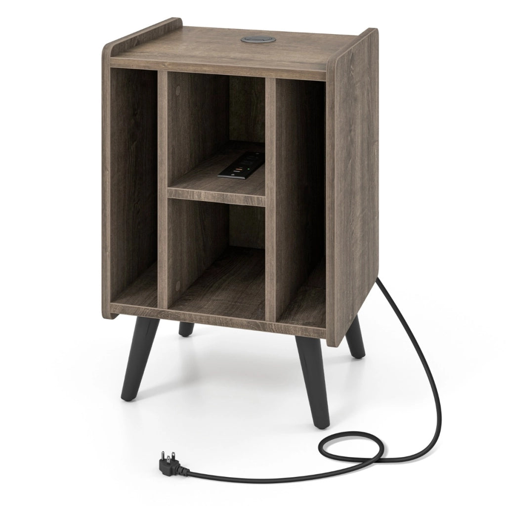 Supporto per giradischi con 4 ripiani aperti presa di corrente e porta USB, Porta vinili con mensole espositive Marrone