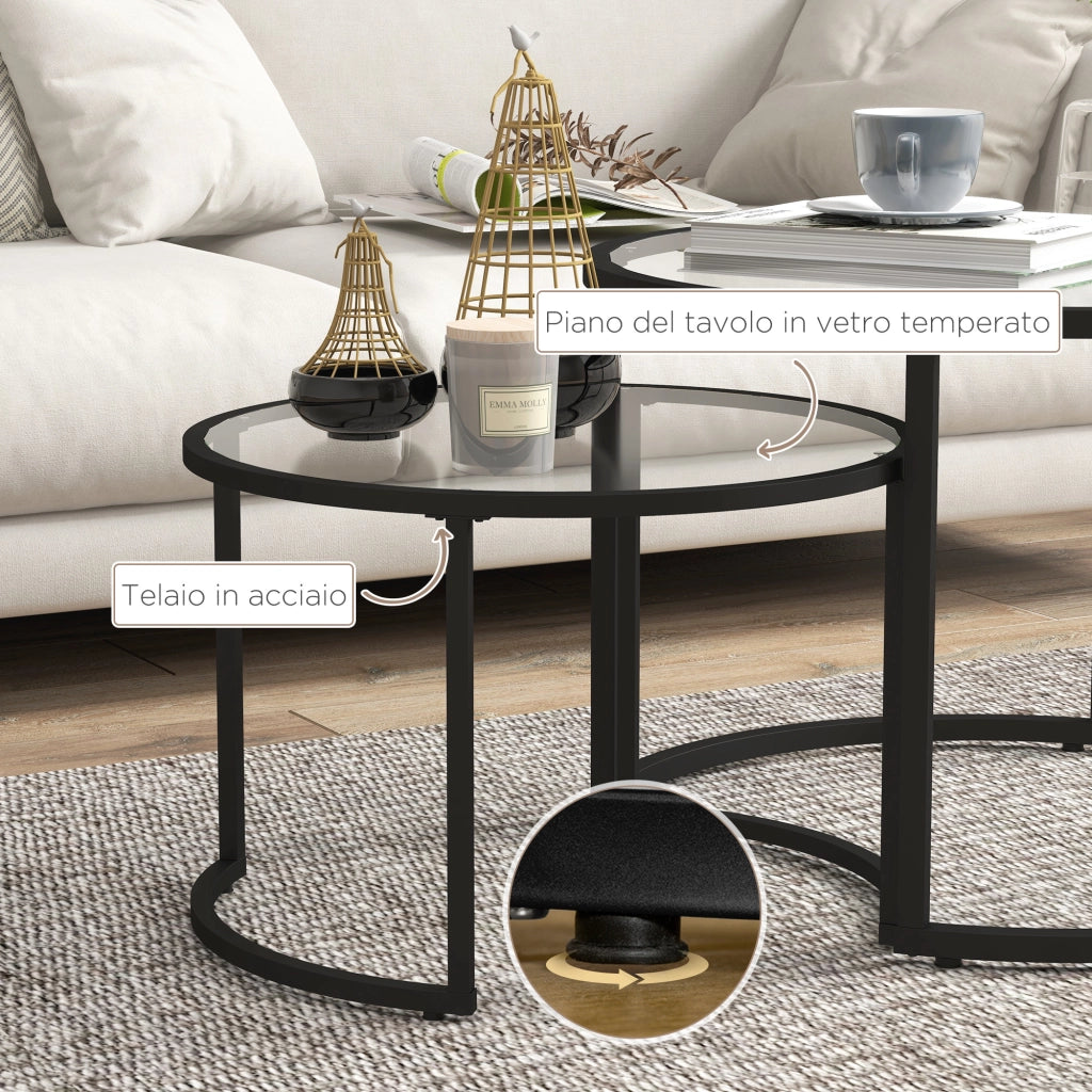 Set 2 Tavolini Sovrapponibili Ø70x47,5 cm e Ø54 x 42,5 cm in Vetro e Acciaio Nero