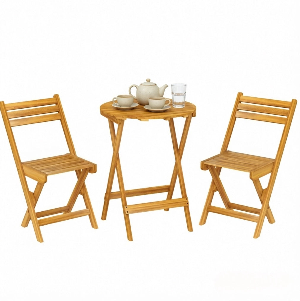 Set bistrot pieghevole da esterno con tavolo Ø 60 cm e 2 sedie in legno di acacia naturale
