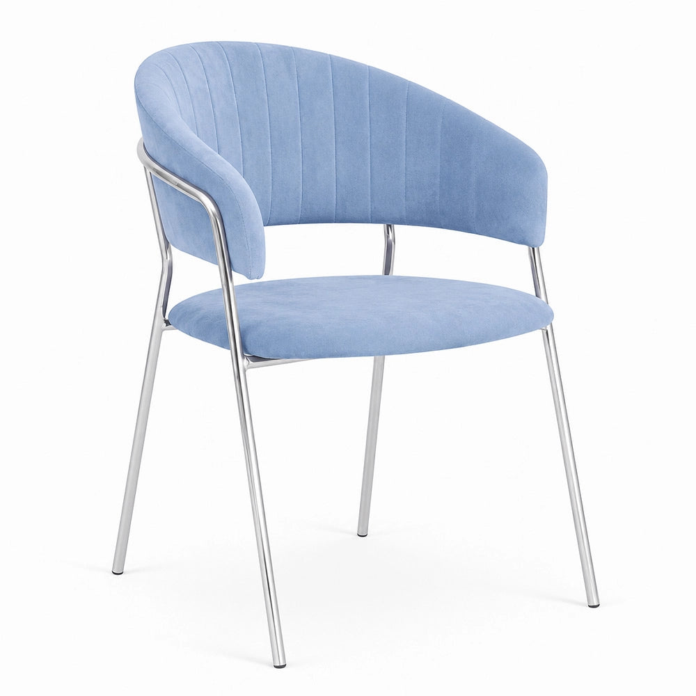 Sedie da pranzo set da 4 Aurelia in velluto celeste con gambe in ferro cromato