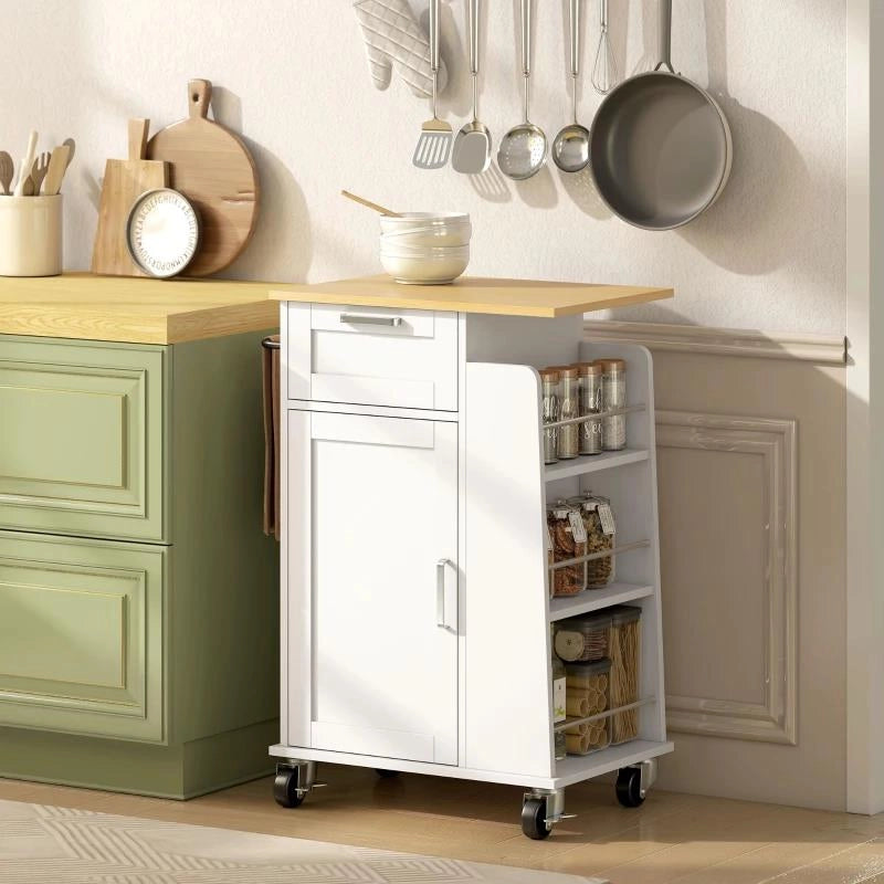 CARRELLO DA CUCINA CON CASSETTO, ARMADIETTO, PORTASCIUGAMANI E 3 PORTASPEZIE, IN LEGNO, 62X40X87 CM, BIANCO