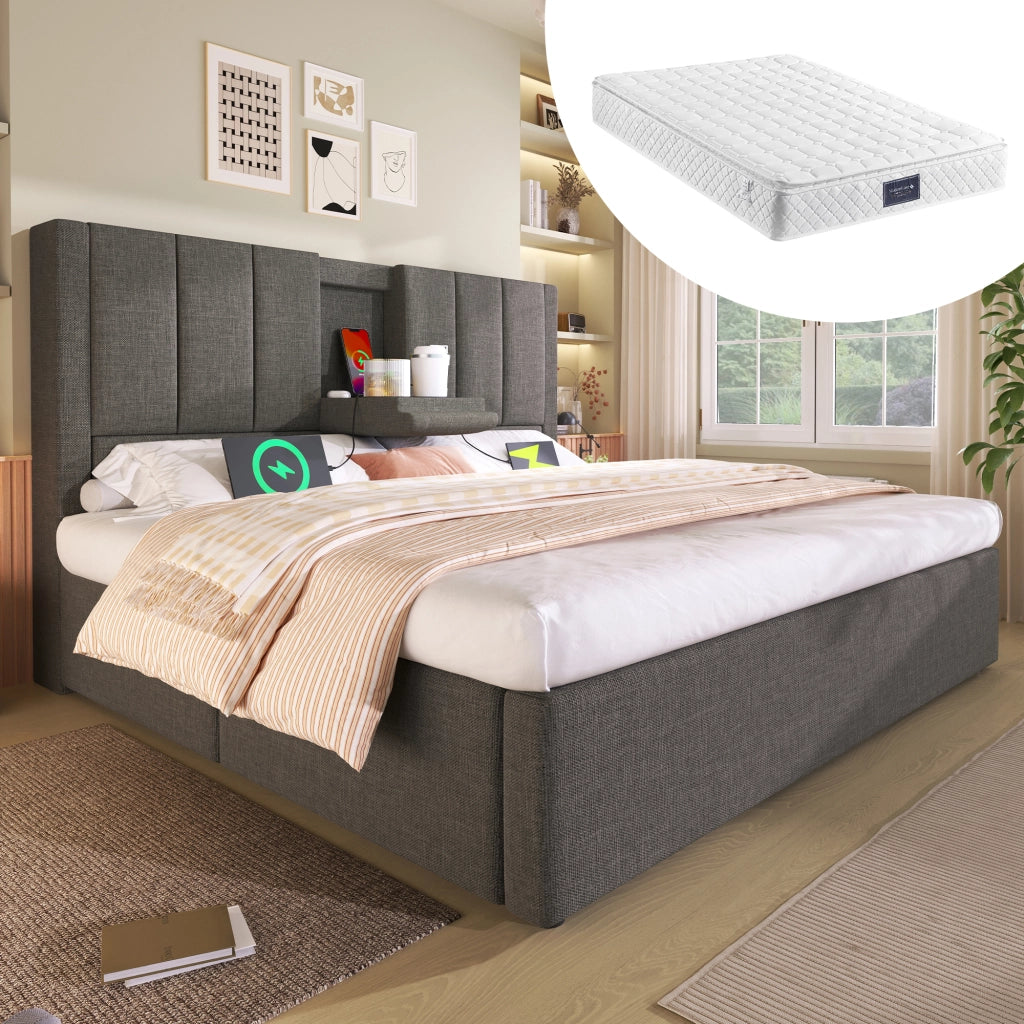 LETTO contenitore 160x200 cm in lino grigio con materasso incluso
