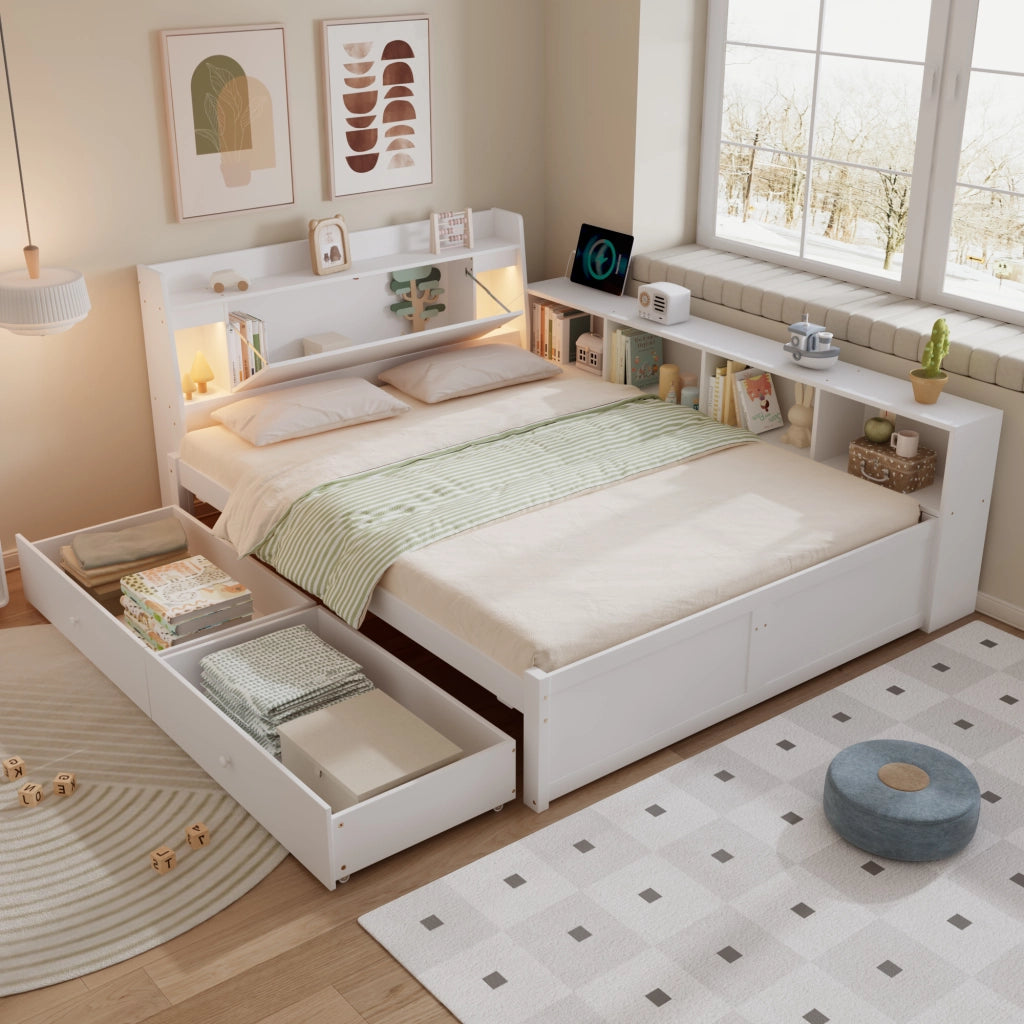 OKWISH Letto con Cassetti 140×200 cm, Letto Matrimoniale con Testiera Contenitore, USB, 2 Luci e Armadietti Laterali, senza Materasso, Bianco