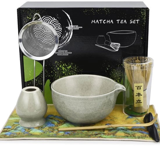 Set di Matcha 7 pezzi - Pennello per Matcha - Tazza per Matcha - Cucchiaio per Matcha - Setaccio per Matcha - Sacchetto per tazza - Preparazione tradizionale - Set di tè