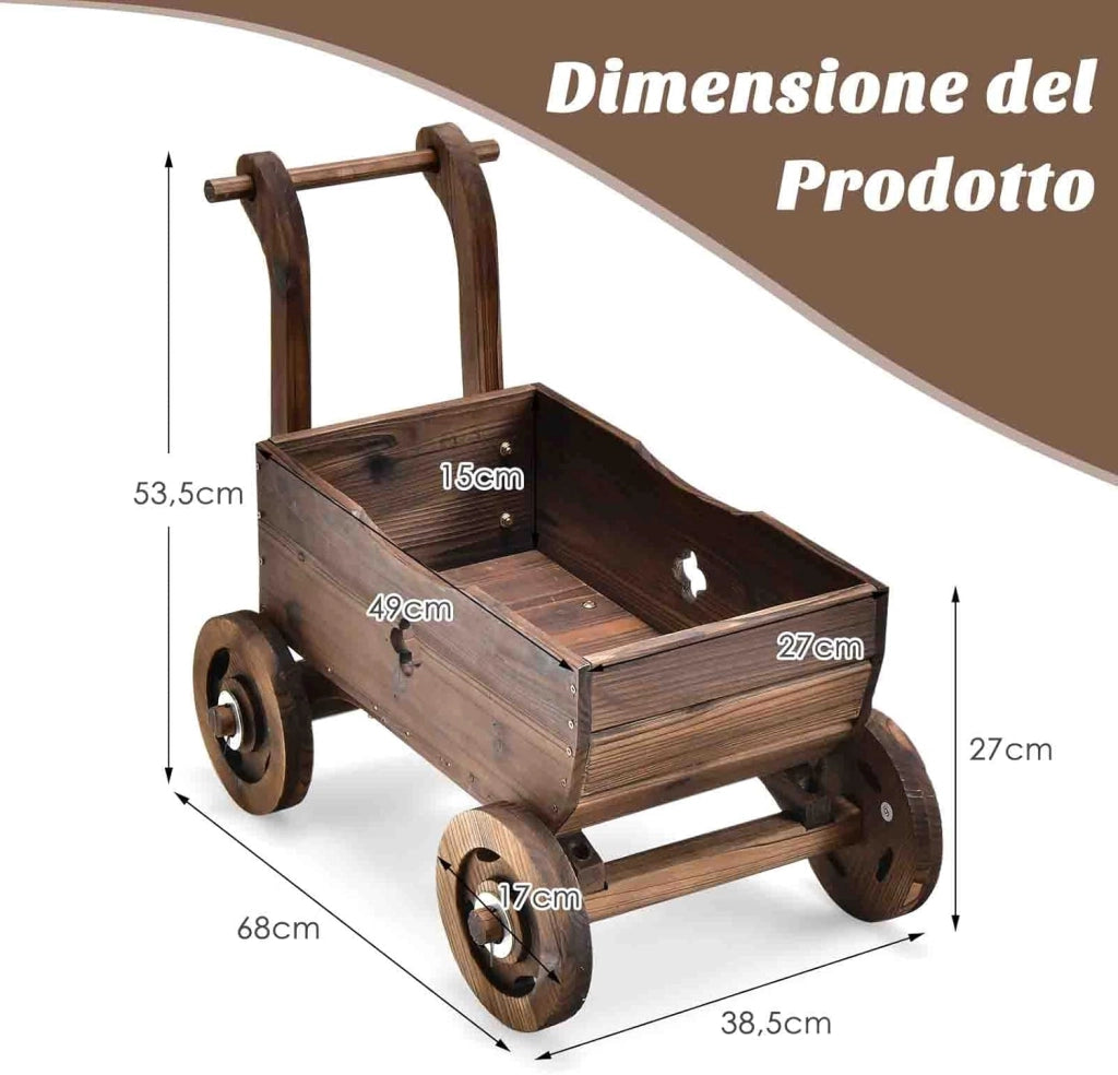 Fioriera da Esterno in Legno a Forma di Carrello, Carriola Portafiori con 4 Ruote, Maniglia e Foro di Drenaggio, Carrello Decorativo da Interno ed Esterno, per Patio, Giardino e Balcone