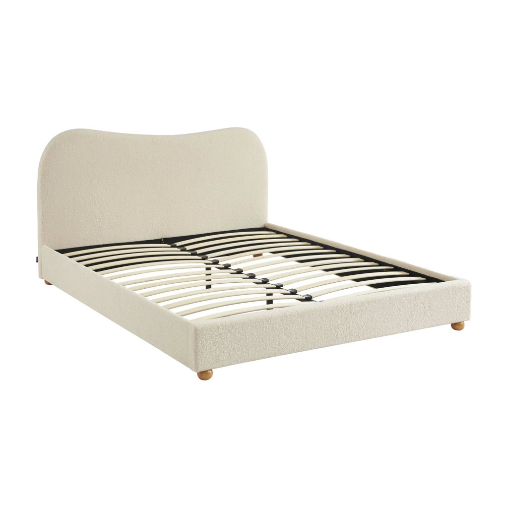 Letto con rete a doghe e testiera, bianco con finitura bouclé, bianco