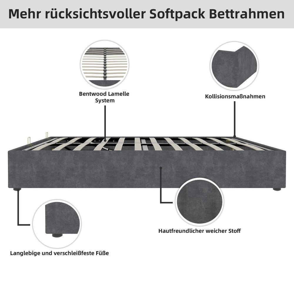 Letto Contenitore Imbottito ¨C MINIMAL ¨C Velluto Grigio 140x200 con Sollevamento Idraulico