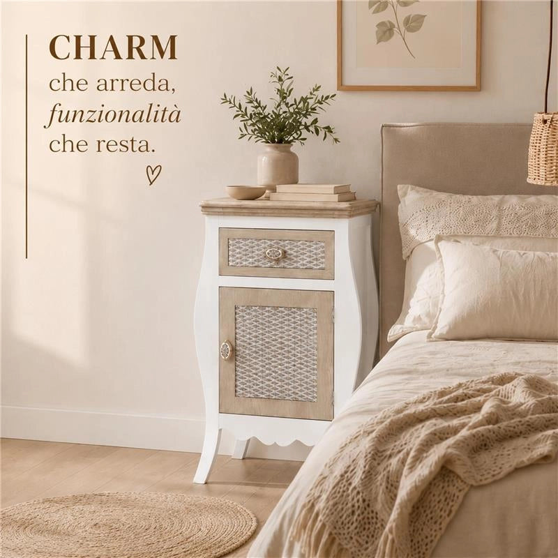 CHARM COMODINO CON CASSETTO E ANTA 48 X 34 X 77 CM COLORE BIANCO E CREMA