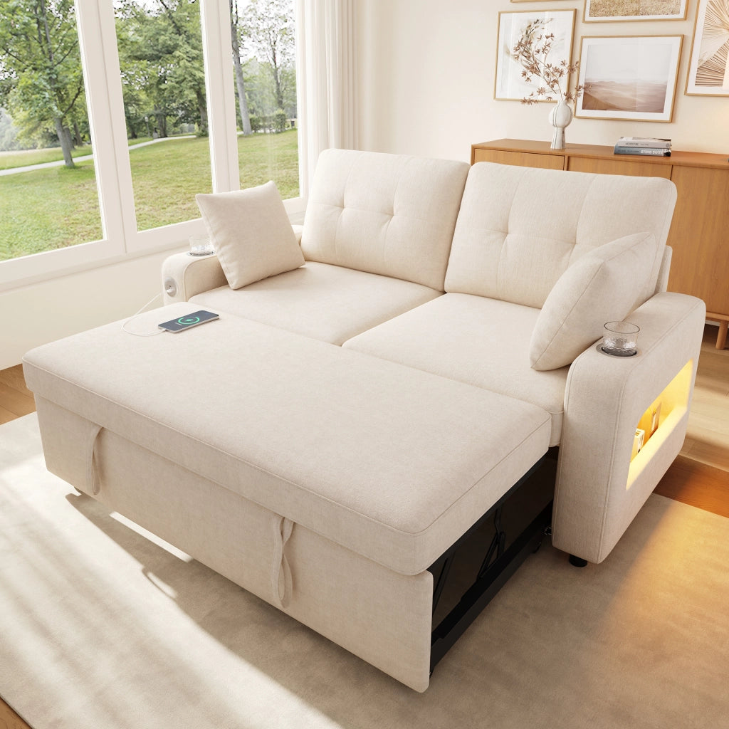 Divano letto a 2 posti estraibile in ciniglia beige con LED porte USB e Type-C vani portabicchieri e 2 cuscini