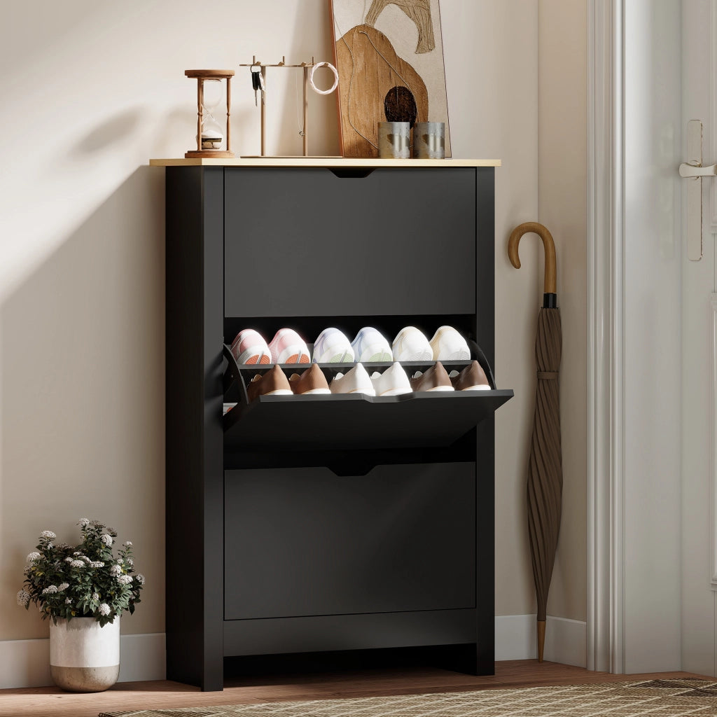 Armadio per Scarpe 3 Ante Abattanti 2 Compartimenti ¨C zephmum ¨C Nero Rovere