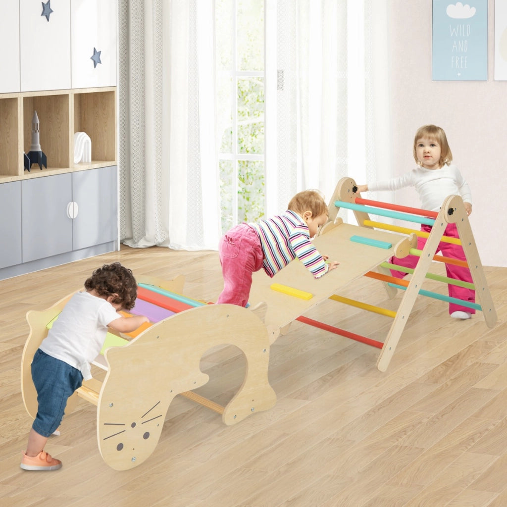 Set di arrampicate 3-in-1 per bambini, Arrampicatore pieghevole in legno con scivolo reversibile dondolo Colorato-Arrampicate e scivoli