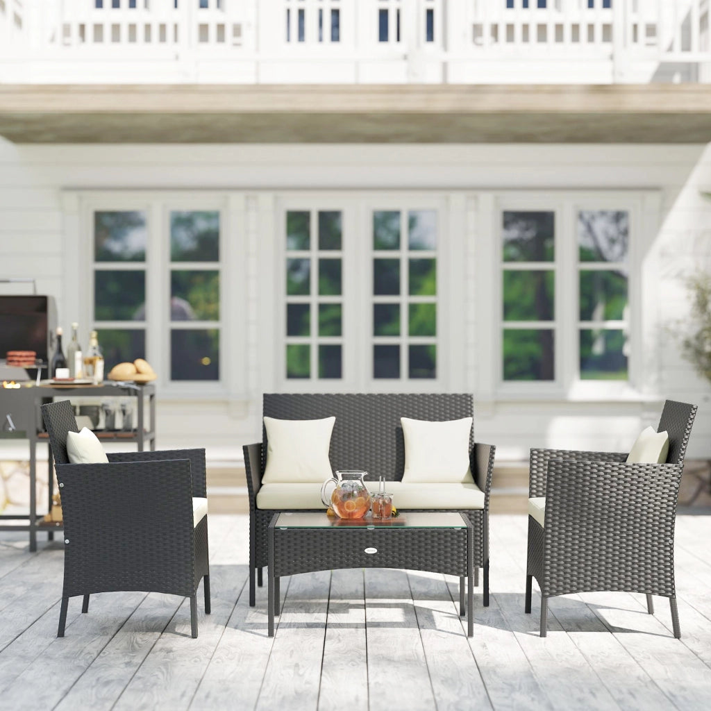 Set da Giardino 4Pezzi in Rattan con 2 Sedie, Poltrona da Giardino a 2 Posti e Tavolino Basso