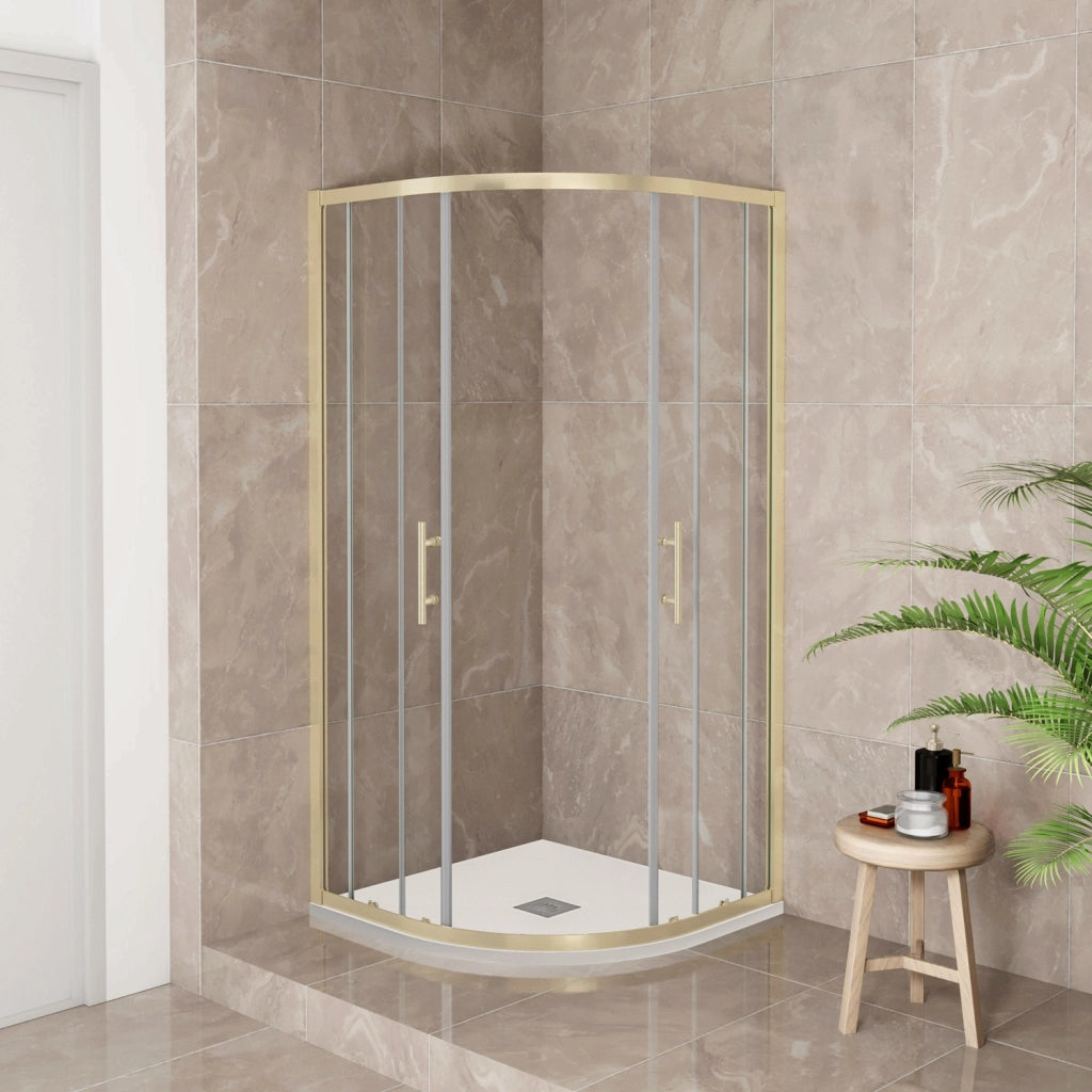 Box Doccia Semicircolare 90X90 cm H.190 Oro Spazzolato Porta Scorrevole Vetro 6 mm Trasparente Anticalcare, Piatto Doccia Bianco