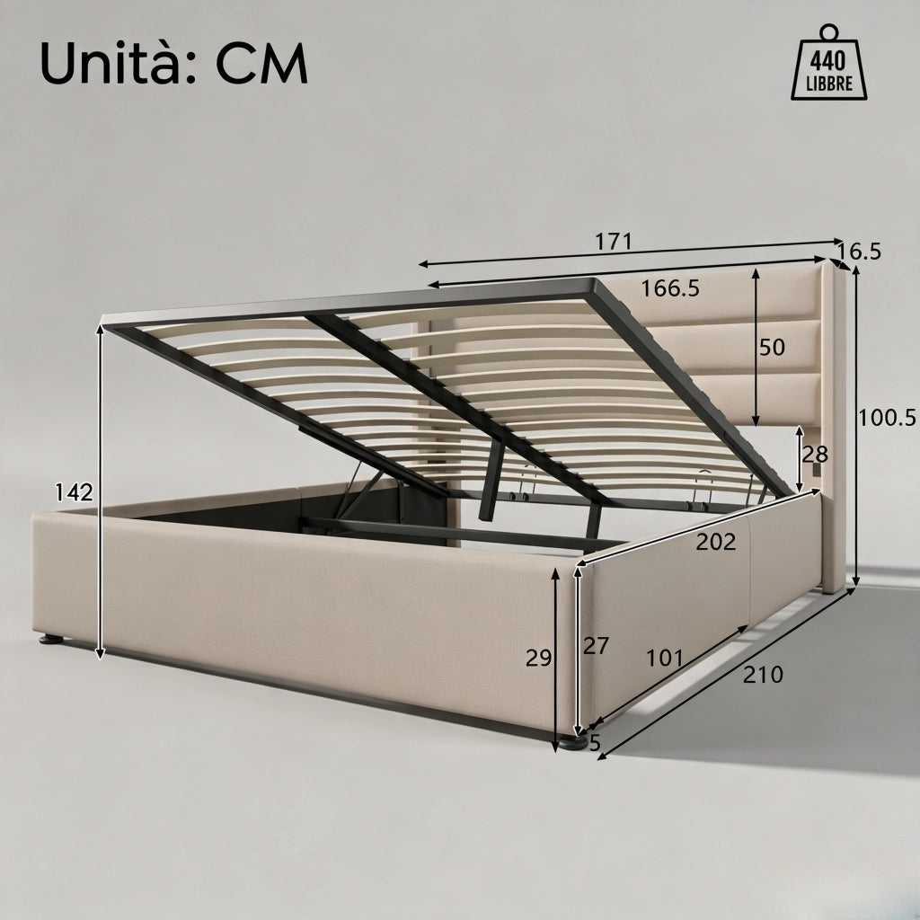 Letto matrimoniale 160x200 cm con contenitore e rete a doghe idraulica letto contenitore matrimoniale con testiera imbottita  struttura letto in legno - beige