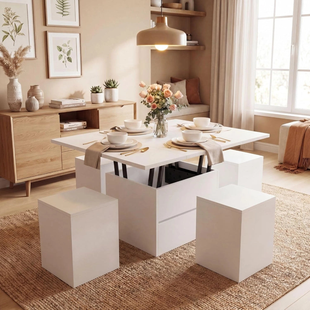 Tavolino da Caffè Sollevabile, Tavolini Salotto Moderno con 4 Sgabelli Ripiegabili, Vano Nascosto, 1 Cassetto, Carico 75 KG, Tavolo per Salotto, Ufficio, 100 X 100 X 62 CM (Bianco)