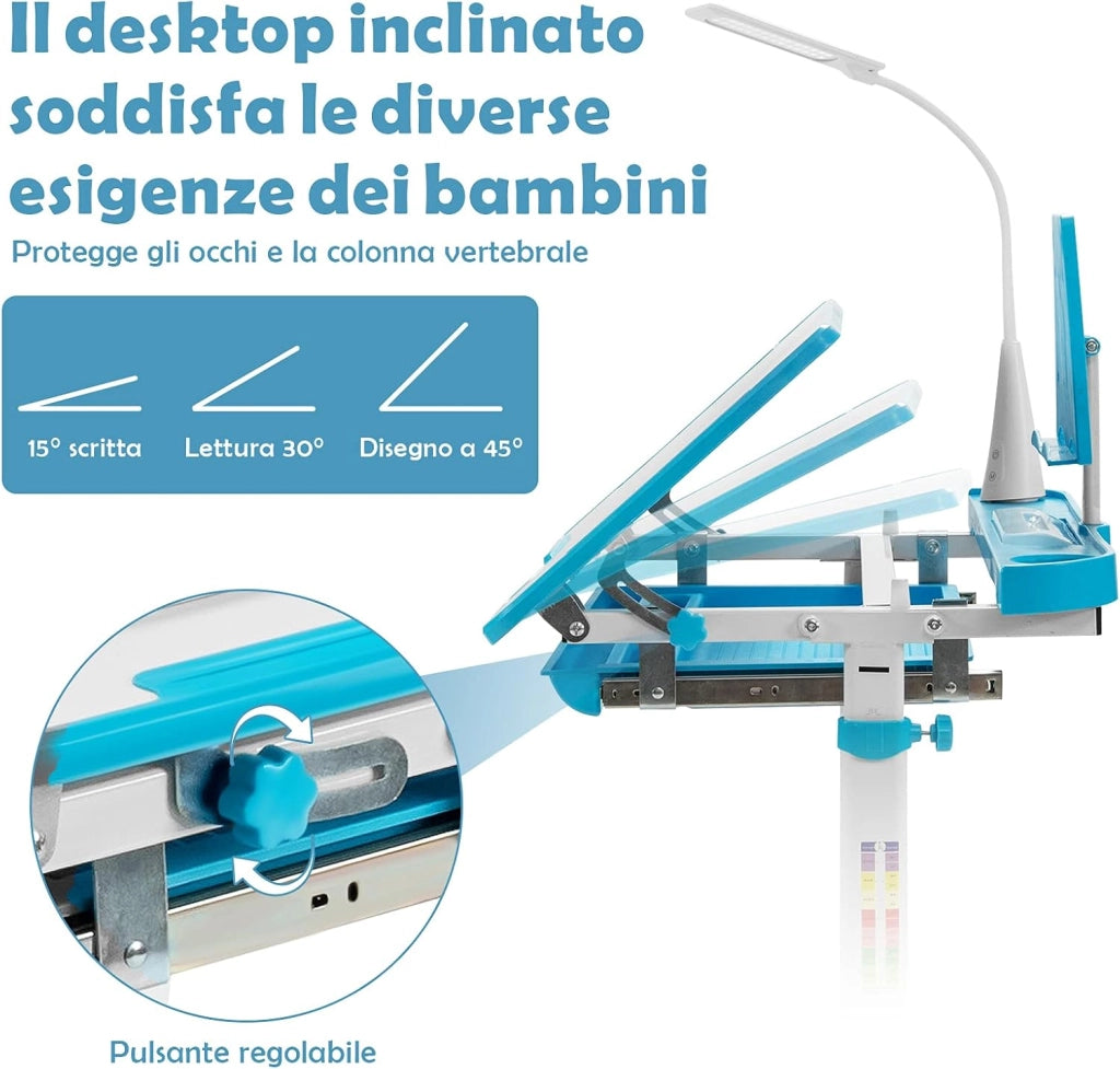 Set Scrivania e Sedia per Bambini, Tavolo Regolabile in Altezza con Piano Inclinabile 45° e Luce LED 3 Modalità, Tavolo e Sedia Ergonomica in Materiali Sicuri per 4+ Anni (Blu)