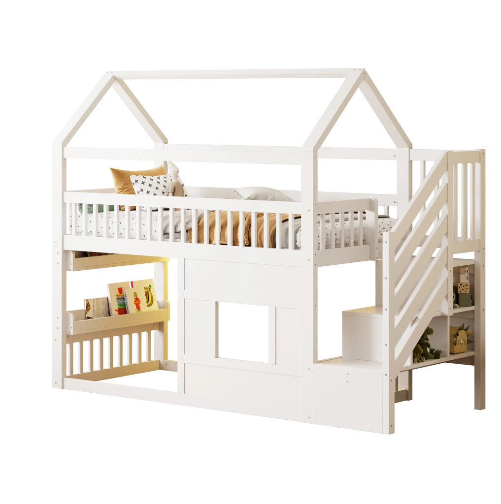Letto a soppalco 90x200 cm con scala; vani portaoggetti e LED in MDF; legno e compensato bianco