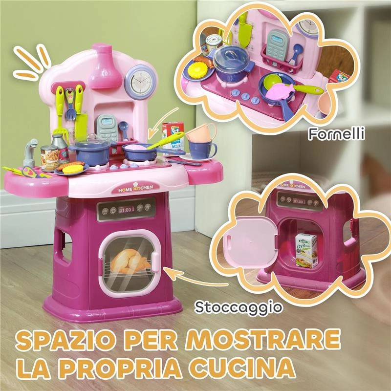 CUCINA GIOCATTOLO PER BAMBINI 3-6 ANNI CON 38 ACCESSORI E SUONI REALISTICI IN PP E ABS 51X21X60 CM ROSA