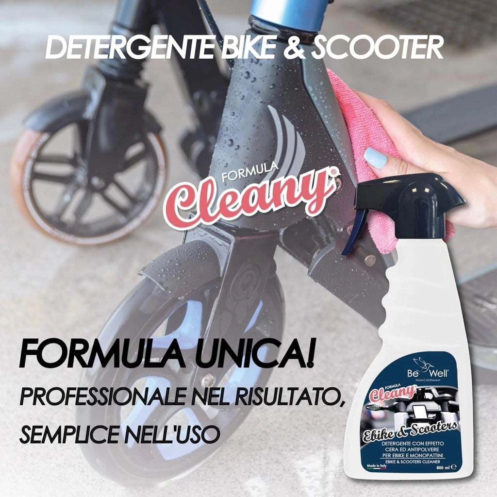 CLEANY Detergente Sgrassante Protettivo per Bicicletta, Ebike, Scooter, Monopattini – EFFETTO CERA Idrorepellente Detergente Professionale Spray 500 ml – Elimina Grasso e Incrostazioni, Brillantezza