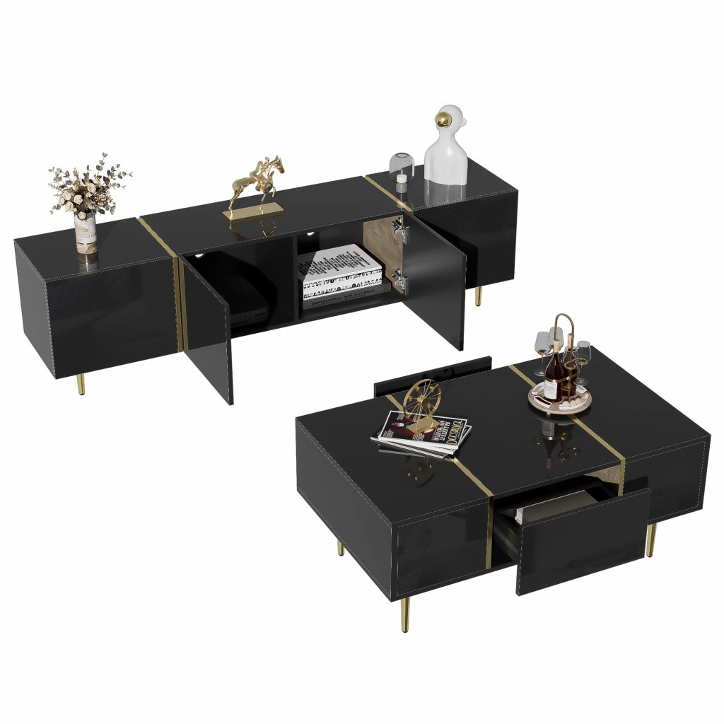 OKWISH Set di Mobile TV e Tavolino da Salotto, con 4 Ante, 2 Cassetti e Cerniere Ammortizzate, MDF Nero