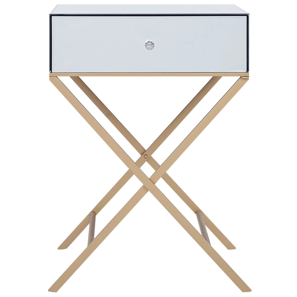 Tavolino Argento Specchio Top Gambe in Metallo dorato 50 x 40 cm Stile Glam Moderno con 1 Cassetto