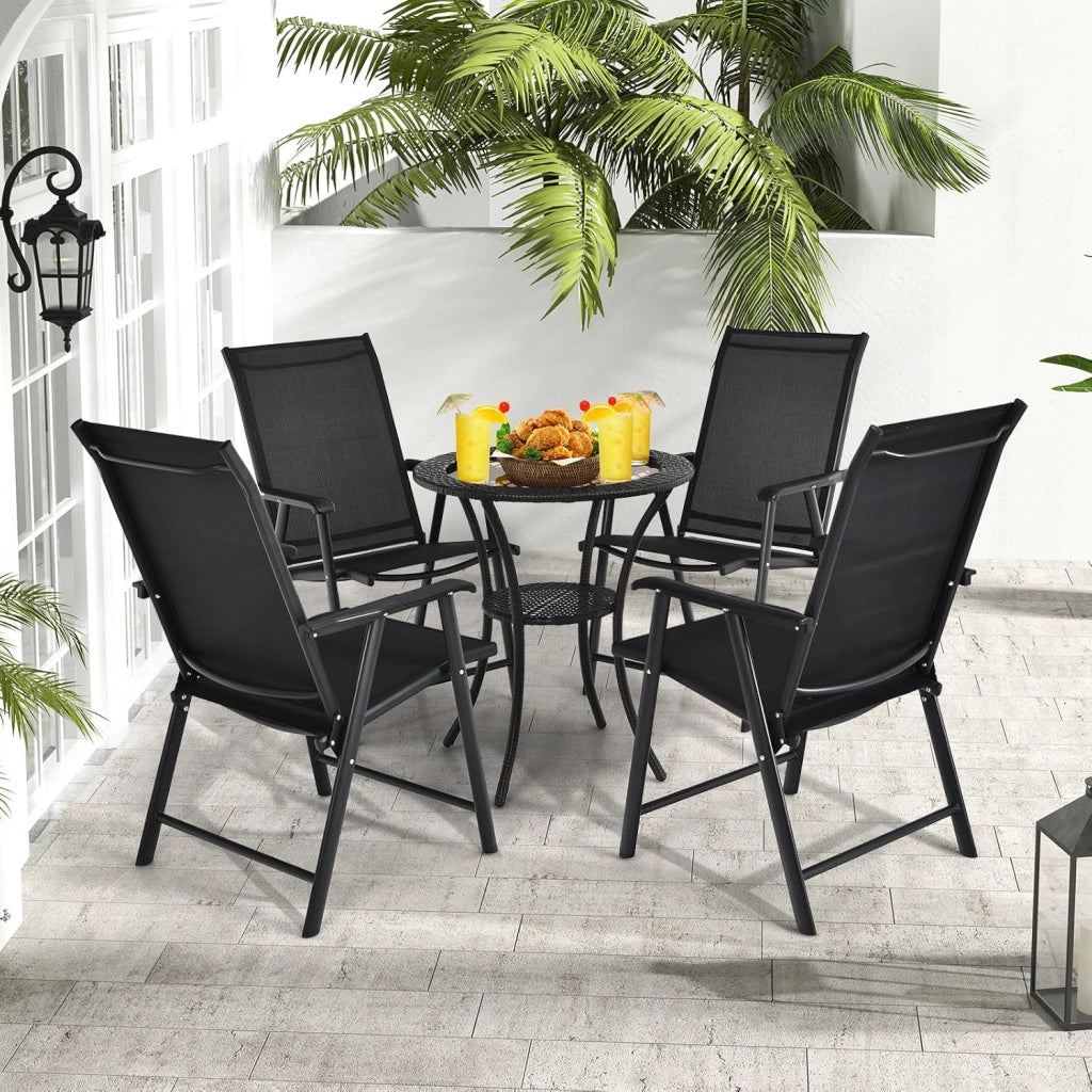 Set di 2 sedie pieghevoli esterne, sedie da giardino in tessuto con braccioli, telaio in metallo, carico 150 kg, sedia da giardino pieghevole per patio, piscina, senza montaggio, nero