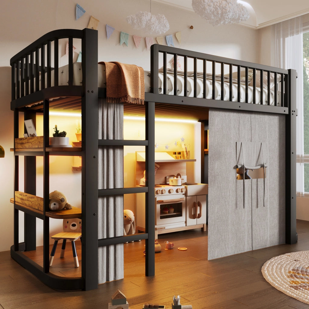 Letto a soppalco per bambini 90x200 cm con tende oscuranti; spazio inferiore modulabile; mensole e LED; metallo nero
